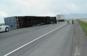 Two semis traveling eastbound on Interstate 80 near milepost 84 were both blown over by the high winds within about 5 minutes of each other, Tooele County, Utah, May 20, 2016 | Photo courtesy of Utah Highway Patrol, St. George News