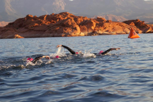 Triathletes compete in the swim portion of the Ironman 70.3 St. George held at Sand Hollow State Park, Hurricane, Utah, May 2, 2015 | Photo courtesy of the St. George Area Sports Commission, St. George News