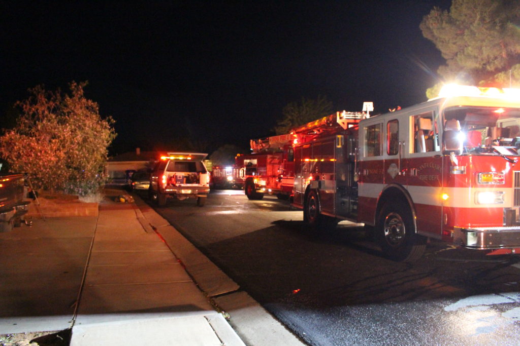 Santa Clara fire engine and Ivins Fire and Rescue ladder truck on scene of residential structure fire in Santa Clara, Utah, May 21, 2016 | Photo by Cody Blowers, St. George News