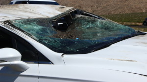 A single vehicle rollover accident on Interstate 15 caused significant damage to a Ford Fusion on Wednesday afternoon, Littlefield, Ariz., May 11, 2016 | Photo by Don Gilman, St. George News