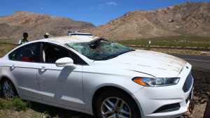 A single vehicle rollover accident on Interstate 15 caused significant damage to a Ford Fusion on Wednesday afternoon, Littlefield, Ariz., May 11, 2016 | Photo by Don Gilman, St. George News