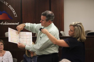 St. George Mayor Jon Pike and Washington resident Natalie Drake discuss routing options for the proposed new school complex during a meeting in St. George, Utah, May 11, 2016 | Photo by Don Gilman, St. George News