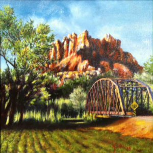 A painting of the historic Rockville Bridge by artist Jodi McGregor will be on display at the Canyon Community Center in Springdale, Utah. Date not specified | Image courtesy of the Historic Rockville Bridge Fundraising Committee, St. George News