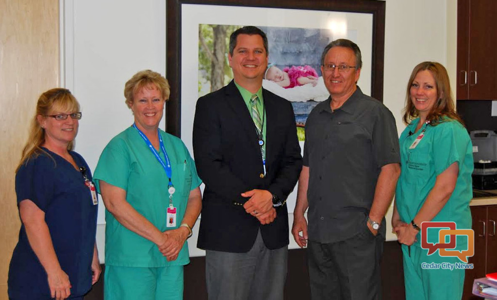 L-R: Cedar City Hospital women and newborn staff registered nurse Lisa Arnhart; licensed practical nurse Sherry Allen; Intermountain Foundation at Cedar City Hospital's Major Gifts Officer Michael France; Rocky Mountain Power Regional Business Manager Tom Heaton; Cedar City Hospital women and newborns registered nurse Annie Gibson. Cedar City, Utah, circa May 2016 | Photo courtesy of Rocky Mountain Power, St. George News