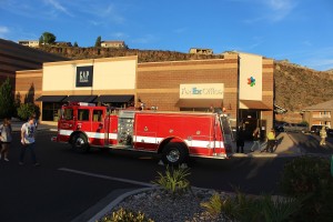 Fire trucks converged on the FedEx Office facility Wednesday evening on report of smoke coming from the building, St. George, Utah, May 11, 2016 | Photo by Ric Wayman, St. George News