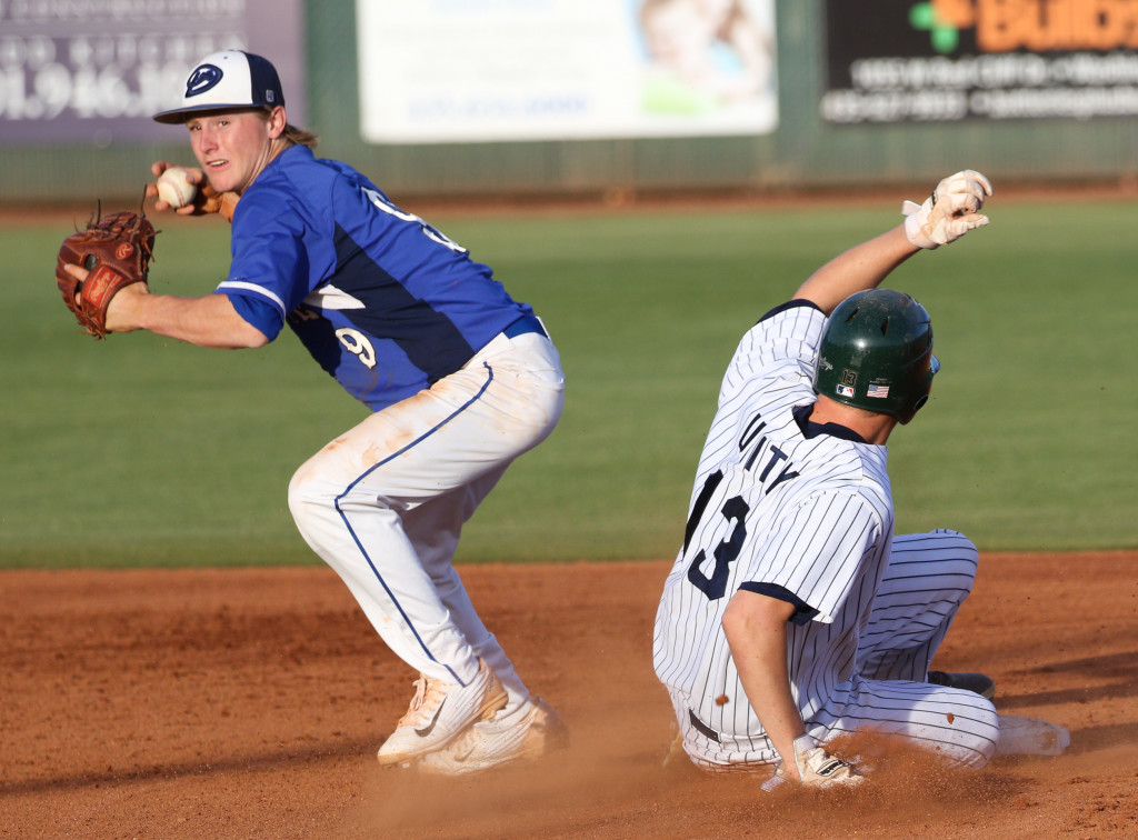 Dixie's Hobbs Nyberg (9), and Snow Canyon's Brock Staheli (13),  Snow Canyon vs. Dixie, Baseball, St. George, Utah, May 5, 2016, | Photo by Kevin Luthy, St. George News