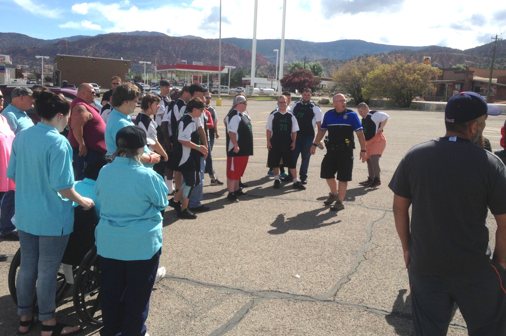 Cedar City Police Sgt. Jerry Womack gives athletes and support staff instructions on how the torch run will proceed, Cedar City, Utah, May 18, 2016 | Photo by Paul Dail, St. George News