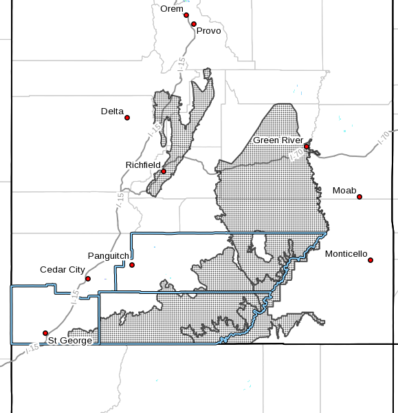 Dots denote areas subject to the advisory at 8:31 a.m. on Thursday, Garfield, Washington and Kane counties, Utah, May 19, 2016 | Map courtesy of the National Weather Service, St. George News