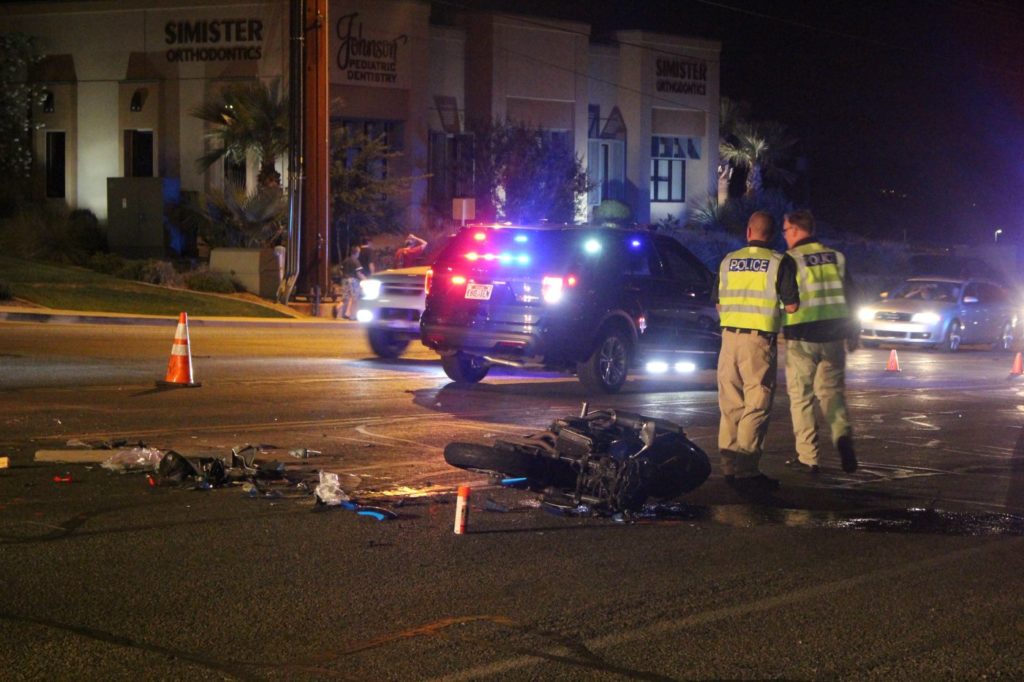 Aftermath of a car-versus-motorcycle crash on River Road near Sunset Boulevard that put the motorcycle rider in the hospital, St. George May 21, 2016 | Photo by Mori Kessler, St. George News