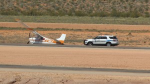 A Cessna 180 from Canada skidded off the runway Sunday afternoon at St. George Regional Airport, St. George, Utah, May 15, 2016 | Photo by Ric Wayman, St. George News