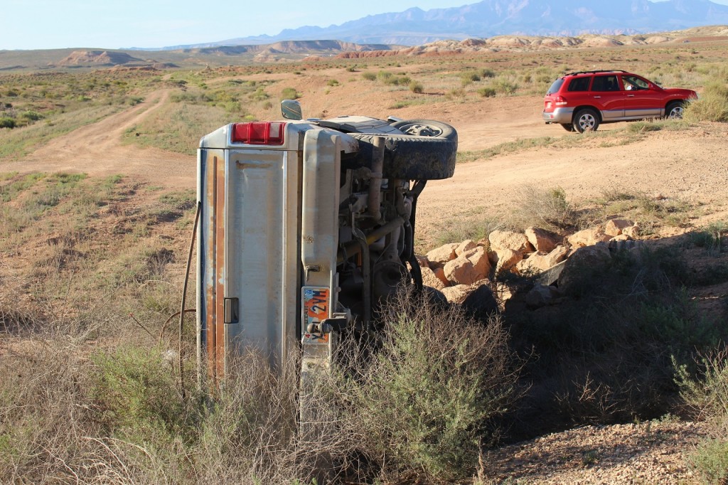 Dodge truck after rolling its side, Mt. Trumbull Loop, Littlefield, Ariz. May 12, 2016| Photo by Cody Blowers, St. George News