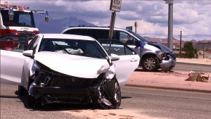 An accident on the Bluff Street overpass of I-15 severely damaged two cars, but no injuries resulted. St. George, Utah, May 2, 2016 | Photo by Sheldon Demke, St. George News