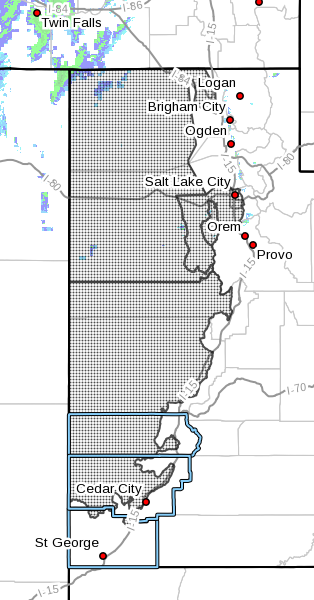 Dots denote areas subject to the advisory for much westen Utah, May 19, 2016 | Map courtesy of the National Weather Service, St. George News | Click on map to enlarge