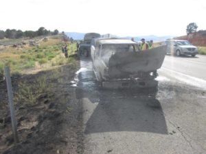 Emergency crews responded to a pickup truck on fire on Interstate 15 Monday three miles south of Cedar City, Utah June 27, 2016 | Photo courtesy of Utah Highway Patrol, St. George/Cedar City News