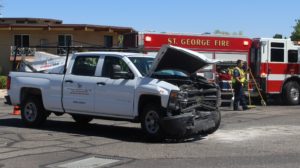 A Chevrolet pickup sits in the middle of 600 South after a crash with a Ford SUV. St. George, Utah, June 15, 2016 | Photo by Ric Wayman, St. George News