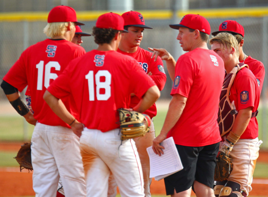 Coach Shane Johanson talks with his team, Sentinels vs. Salt Lake Gulls, American Legion Baseball, June 10, 2016, | Photo by Robert Hoppie, ASPpix.com, St. George News