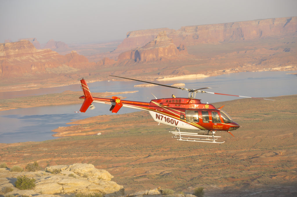 The Classic Air Medical helicopter used to rescue two hikers Monday, photographed at Lake Powell, date unspecified | Photo courtesy of Classic Air Medical, St. George News