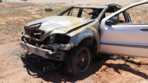 A Mercedes SUV caught on fire after the male driver lost control of the vehicle. Police are characterizing the incident as a possible suicide attempt, St. George, Utah, June 3, 2016 | Photo by Don Gilman, St. George News