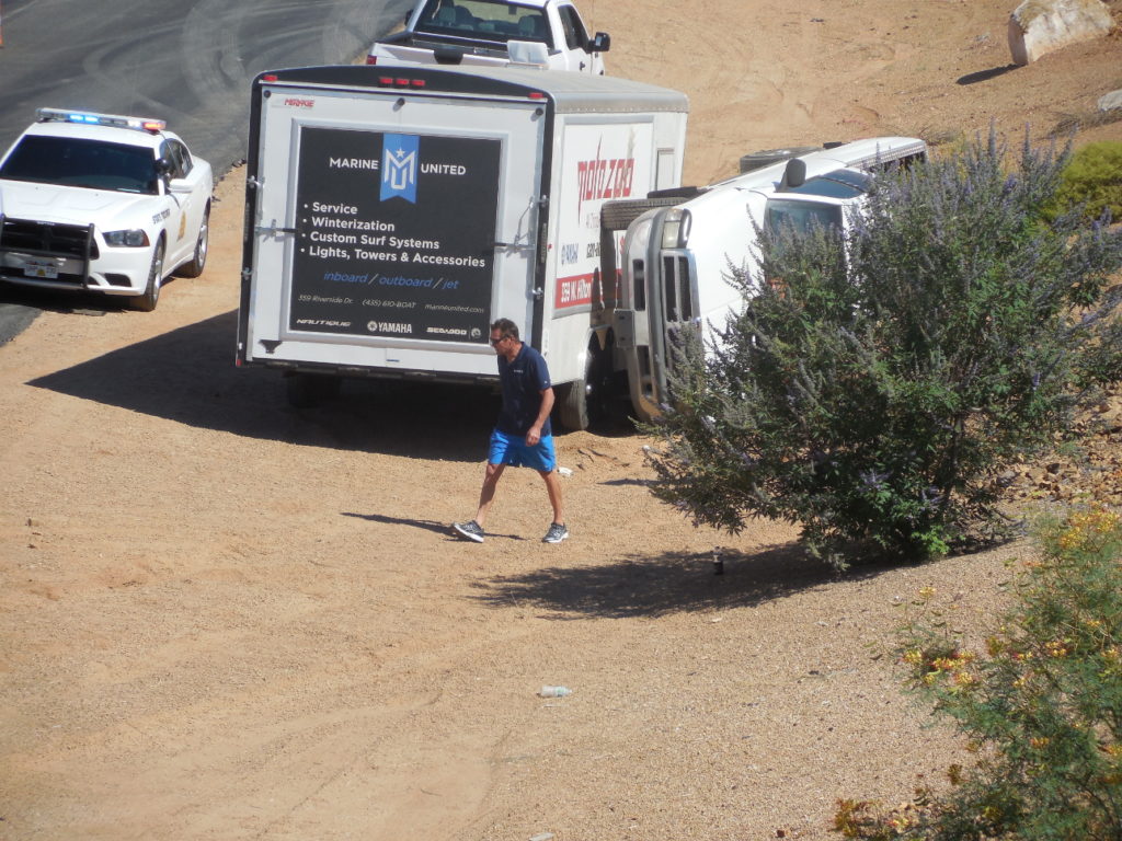 A truck pulling a trailer rolls on S.R. 18 Wednesday morning, June 29, 2016 | Photo by Julie Applegate, St. George News