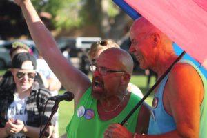 Revelers at the St. George gay pride event participate in a conga line parade at Vernon Worthen Park, St. George, Utah, June 25, 2016 | Photo by Mori Kessler, St. George News