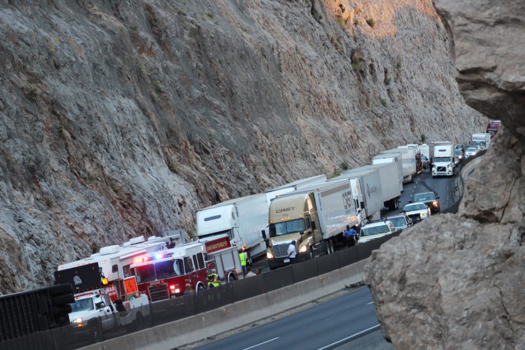 Traffic backed up for miles after semi -tractor trailer loses one trailer in a rollover on Interstate 15 northbound, Virgin River Gorge, Ariz. June 18, 2016 |Photo by Cody Blowers, St. George News