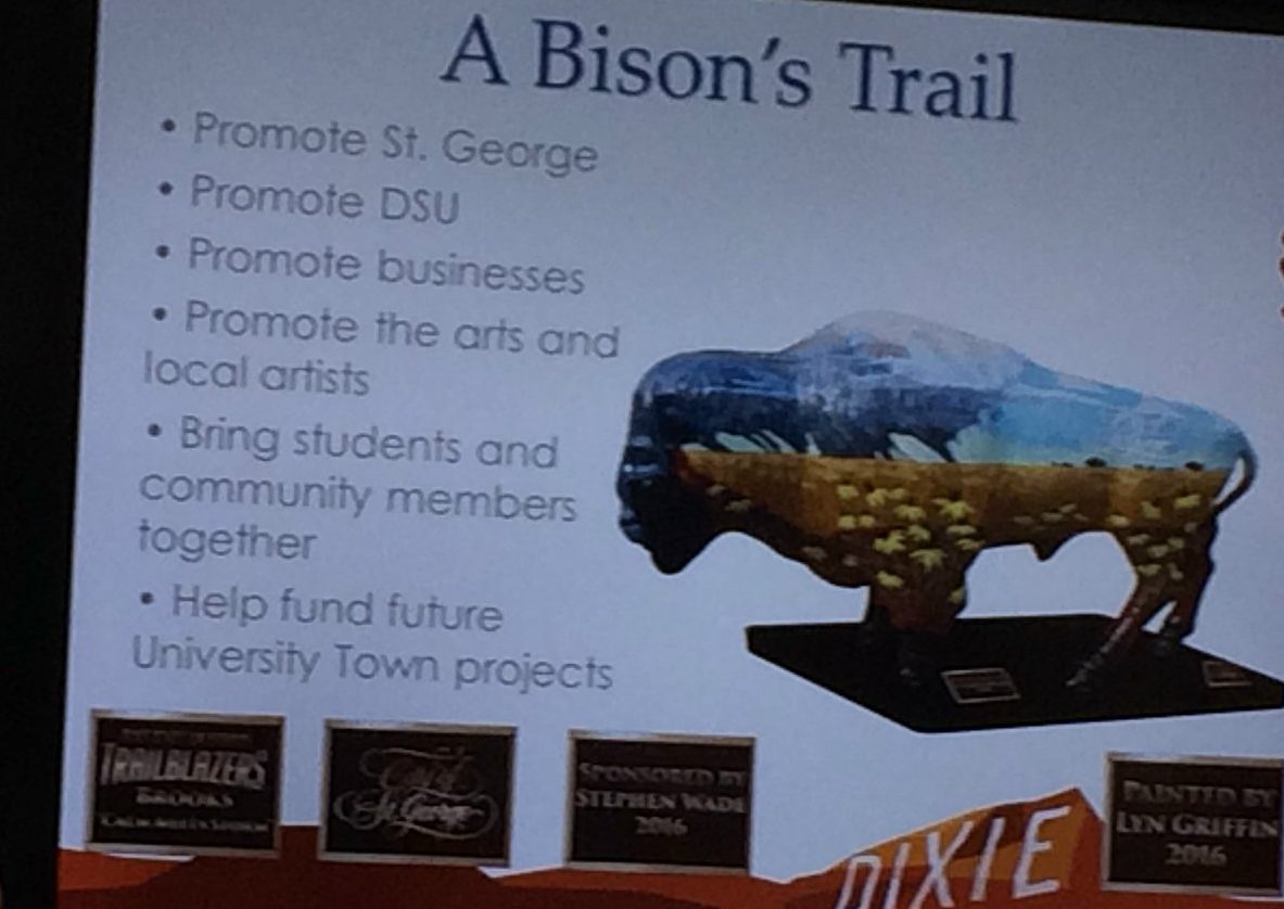 A slide shown during a presentation of the "A Bison's Trail" project given to the St. George City Council. It gives an example of what a painted Brooks the Bison statue could look like with accompanying plaques, St. George, Utah, June 9, 2016 | Photo by Mori Kessler, St. George News