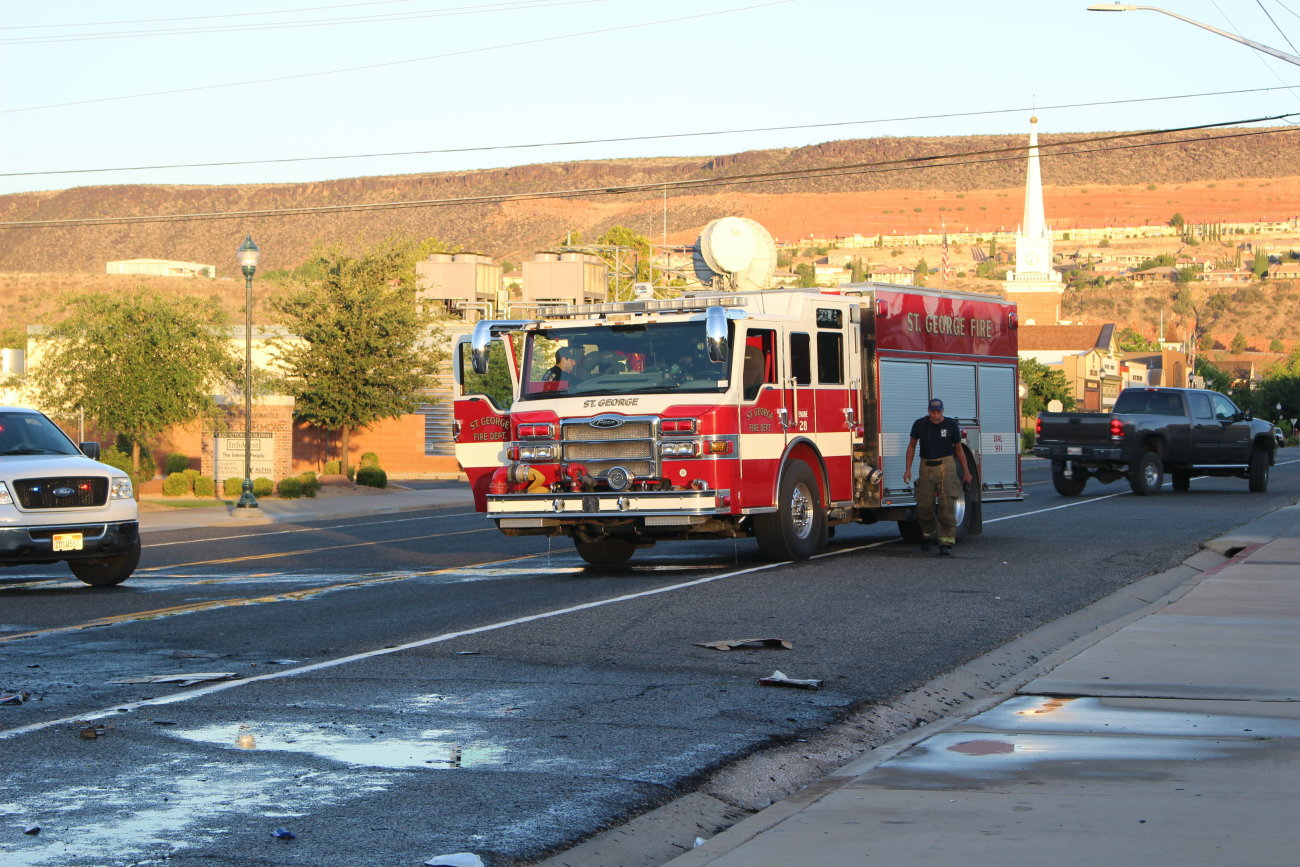 Firefighters responded to a short-lived trash fire that ignited inside a garbage truck while on Tabernacle Street, St. George, Utah, June 14, 2016 | Photo by Mori Kessler, St. George News