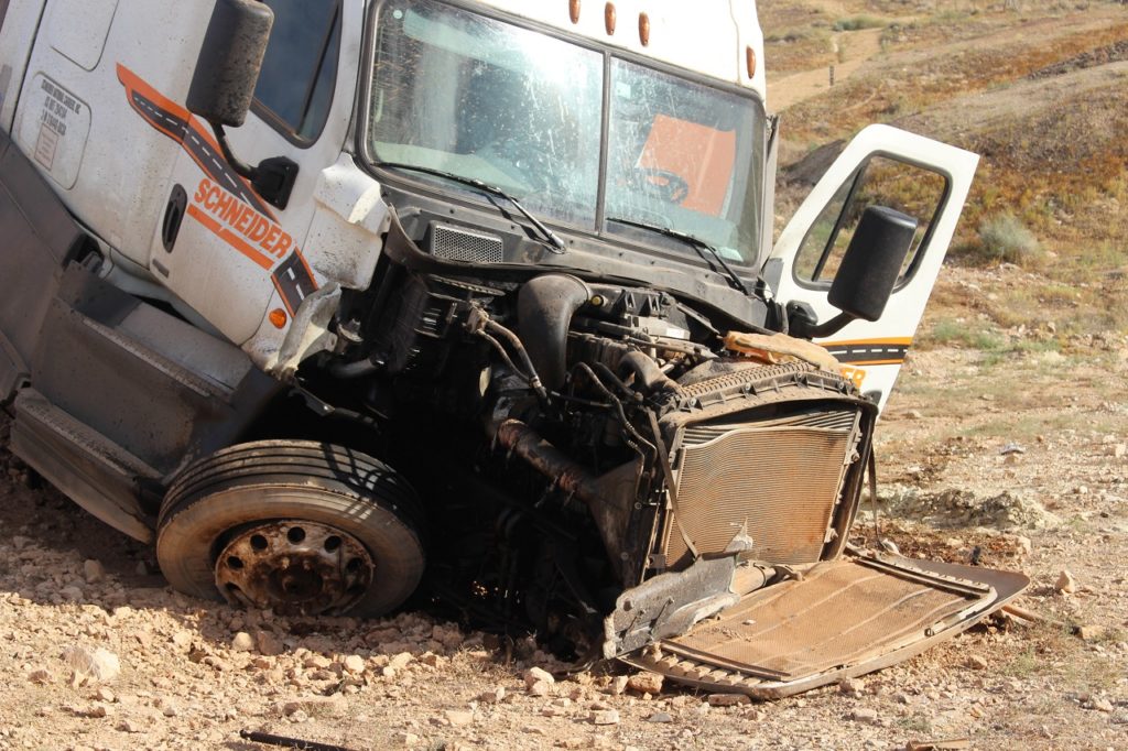 Cab of semitractor-trailer rolled off South River Road, St. George, Utah, June 18, 2016 | Photo by Cody Blowers, St. George News