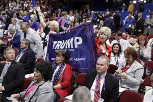 Trump supporters Kay Kellogg Katz, left, and Gena Gore from Monroe, La., cheer during first day of the Republican National Convention in Cleveland, Monday, July 18, 2016. | AP Photo/Matt Rourke, St. George News