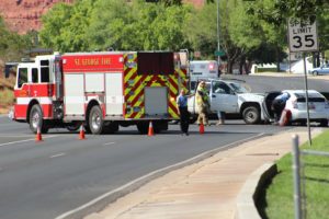 St. George Fire Department respond to scene of two-vehicle collision on Bluff Street and 100 South, St. George, Utah, July 16, 2016 | Photo by Cody Blowers, St. George News