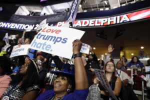 Georgia delegate Pat Pullar holds up a sign during the first day of the Democratic National Convention in Philadelphia , Monday, July 25, 2016. | AP Photo/Matt Rourke, St. George News