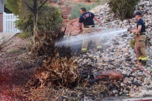 Firefighters respond to brush fire in residential neighborhood stated by fireworks, St. George, Utah, July 24, 2016 | Photo by Cody Blowers, St. George News