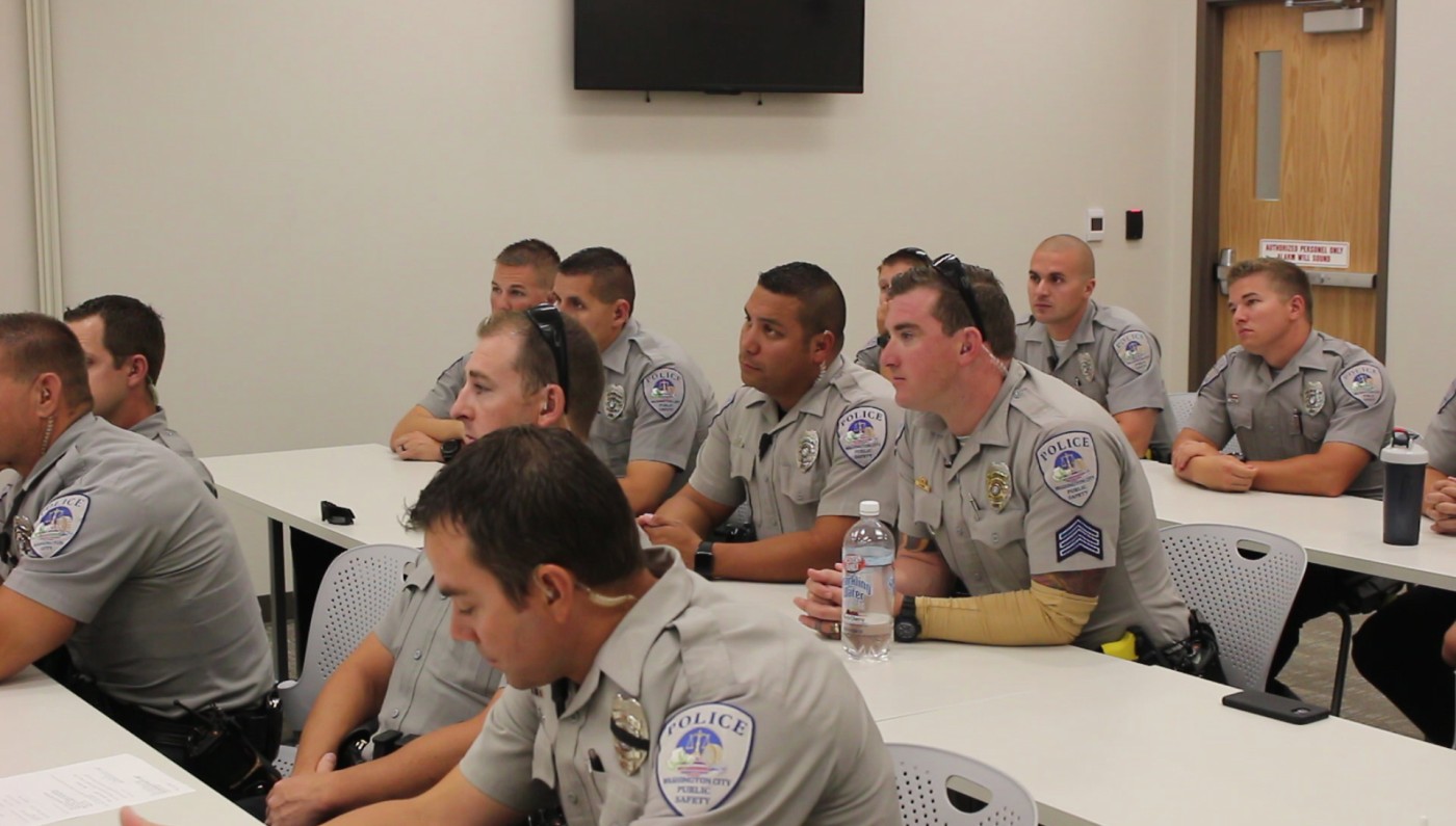 Washington City Police officers learning about Naloxone, also known as Narcan, and how it reserves the effects of an opioid overdoses. It is latest tool the Washington City Police Department has employed for potentially saving a life, Washington City, Utah, July 13, 2016 | Photo by Mori Kessler, St. George News
