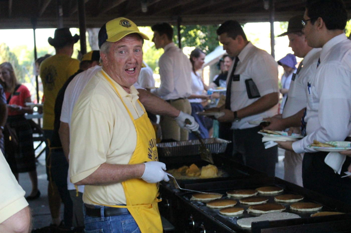 Washington City Mayor Ken Neilson serving up pancakes at the Lions Club breakfast for Pioneer Day at Veterans Park, Washington City, Utah, July 23, 2016 | Photo by Mori Kessler, St. George News