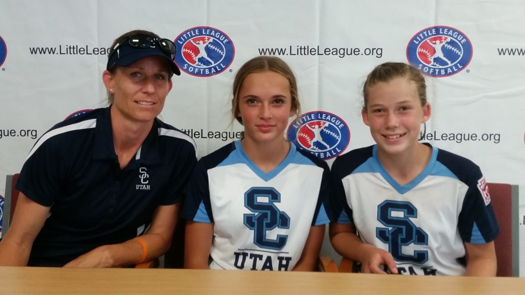 Snow Canyon coach Markay Thorkelson (left), with Kambrie Stuart and Jenna Thorkelson, at the Little League softball Western Regional finals Jul. 29, 2016, in San Bernardino, Calif. | Photo by Dennis Pope, special to St. George News