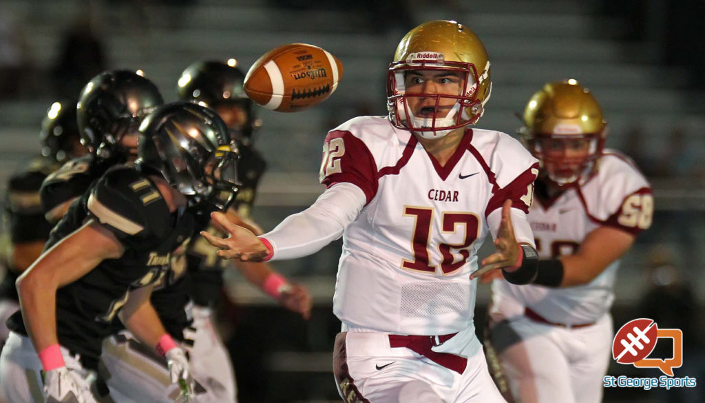 Cedar’s Mason Fakahua (12), file photo from Cedar vs. Desert Hills, Football, St. George, Utah, Oct. 23, 2015, | Photo by Robert Hoppie, ASPpix.com, St. George News