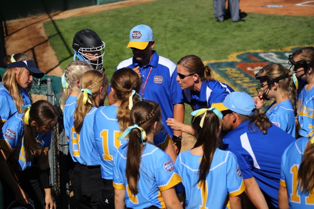 Coach Markay Thorkelson talks with her team, Snow Canyon vs. Canada, Little League Softball World Series, Portland, Ore., Aug. 11, 2016 | Photo by Scott Miller, for St. George News