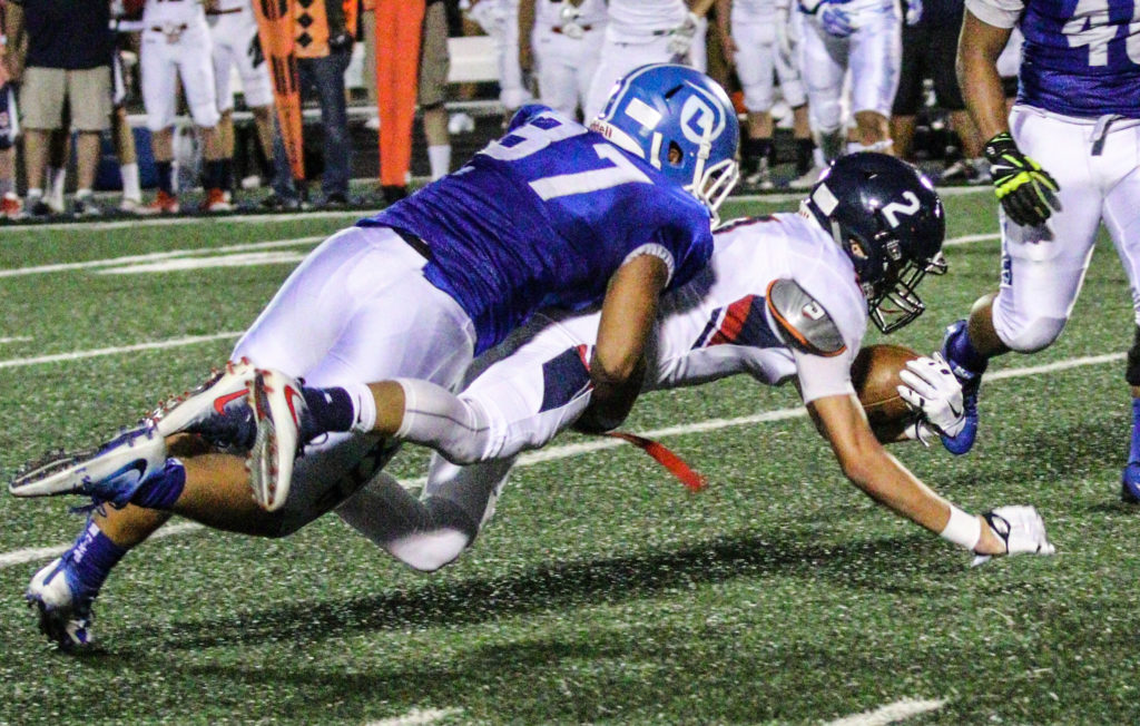 Dixie's Karston Bauman (87), and Springville's Seth Mortensen (2), Dixie vs. Springville, Football, St. George, Utah, Aug 19, 2016, | Photo by Kevin Luthy, St. George News