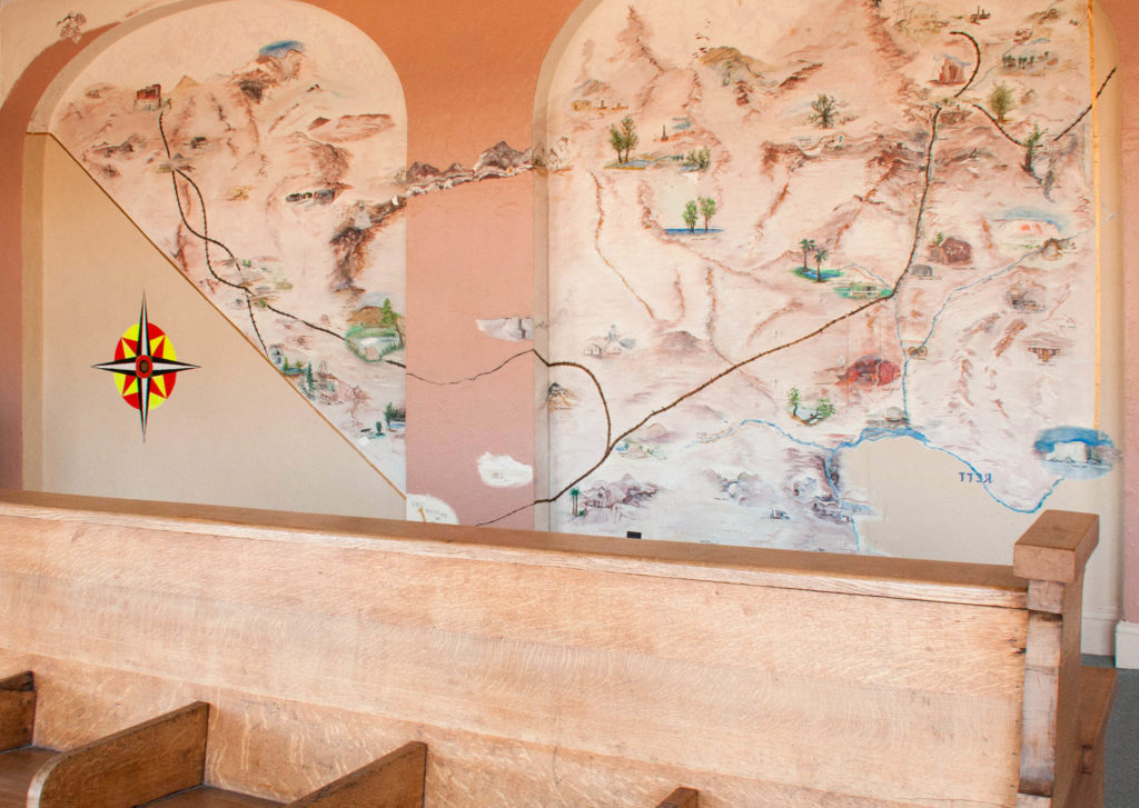 Mural and waiting benches at Caliente Train Depot, Caliente, Nevada, July, 2016 | Photo by Kathy Lillywhite, St. George News