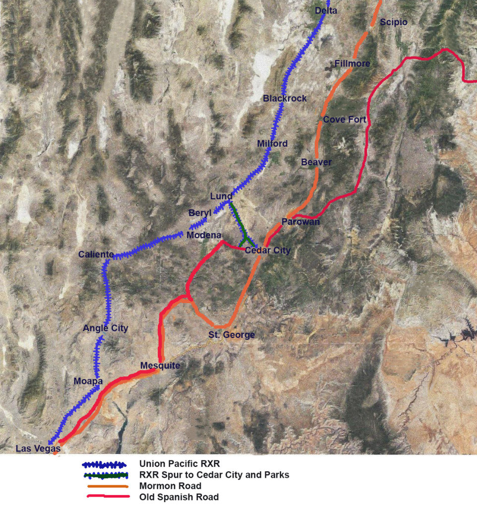 Utah Territory map showing Mormon Road, Old Spanish Road | Map courtesy of Union Pacific Railroad, St. George News