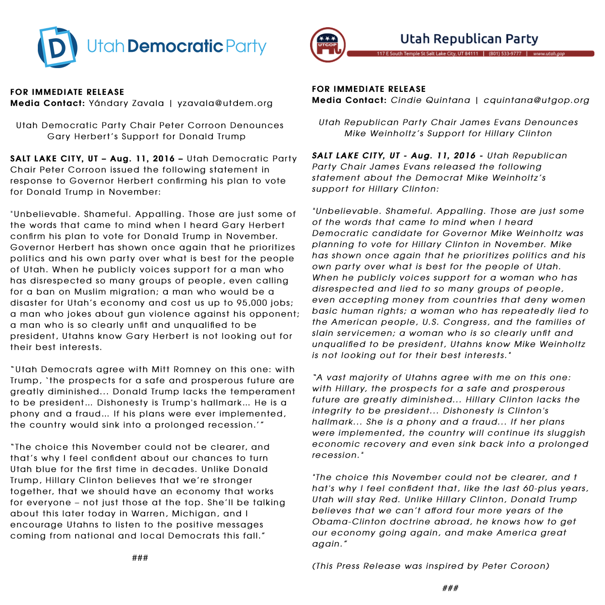 Press releases from the Utah Democratic and Republican parties issued following Gov. Gary Herbert's announcing he intends to vote for Donald Trump in November. | Image courtesy of the Utah Democratic Party, St. George Ness