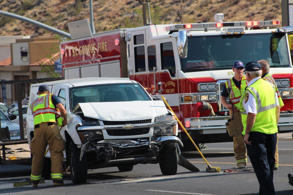 White Chevrolet pickup after two collisions that happened seconds apart on Bluff Street Thursday, St. George, Utah, Aug. 25, 2016 | Photo by Cody Blowers, St. George News