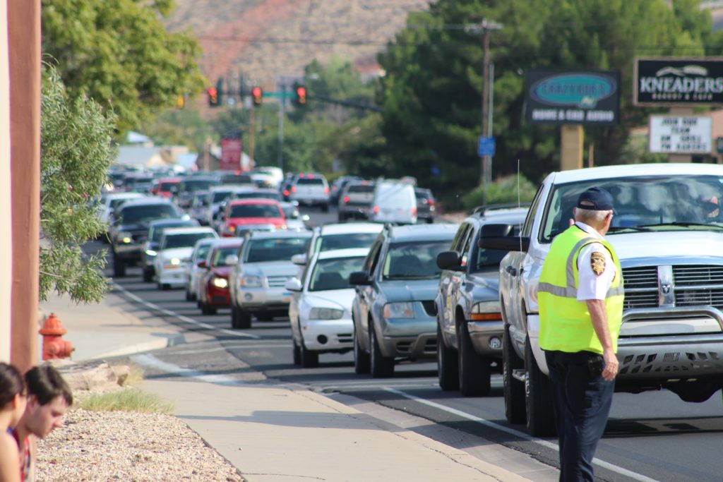 A backup as far as the eye can see in the aftermath of two collisions that happened seconds apart on Bluff Street Thursday, St. George, Utah, Aug. 25, 2016 | Photo by Cody Blowers, St. George News