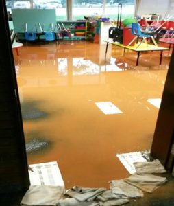 Classroom in elementary school filling with water during heavy storm Wednesday, Kanab, Utah, Aug. 3, 2016 | Photo courtesy of Laurie Hulet, St. George News 