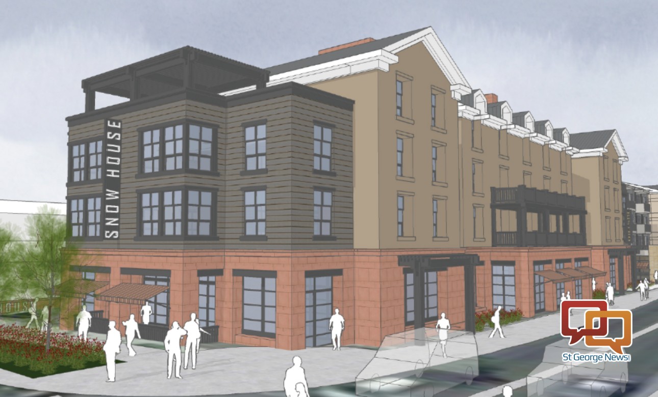 A rendering of the proposed "Snow House" hotel as it would be seen from Main Street. It is part of an overall mixed-use development proposed for downtown St. George at Main Street and St. George Boulevard | Image courtesy of Peg Development, St. George News