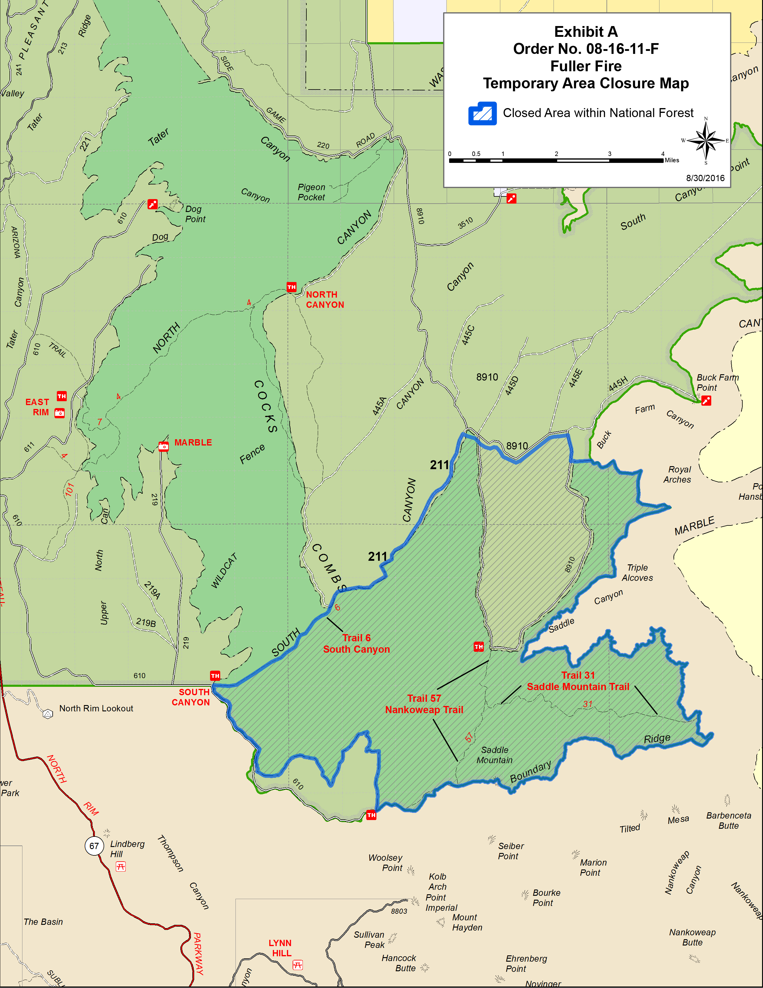 A closure order for the Fuller Fire, located on the North Rim of Grand Canyon National Park, has been modified, Sept. 2, 2016, | Graphic courtesy Kaibab National Forest, North Kaibab Ranger District, St. George News