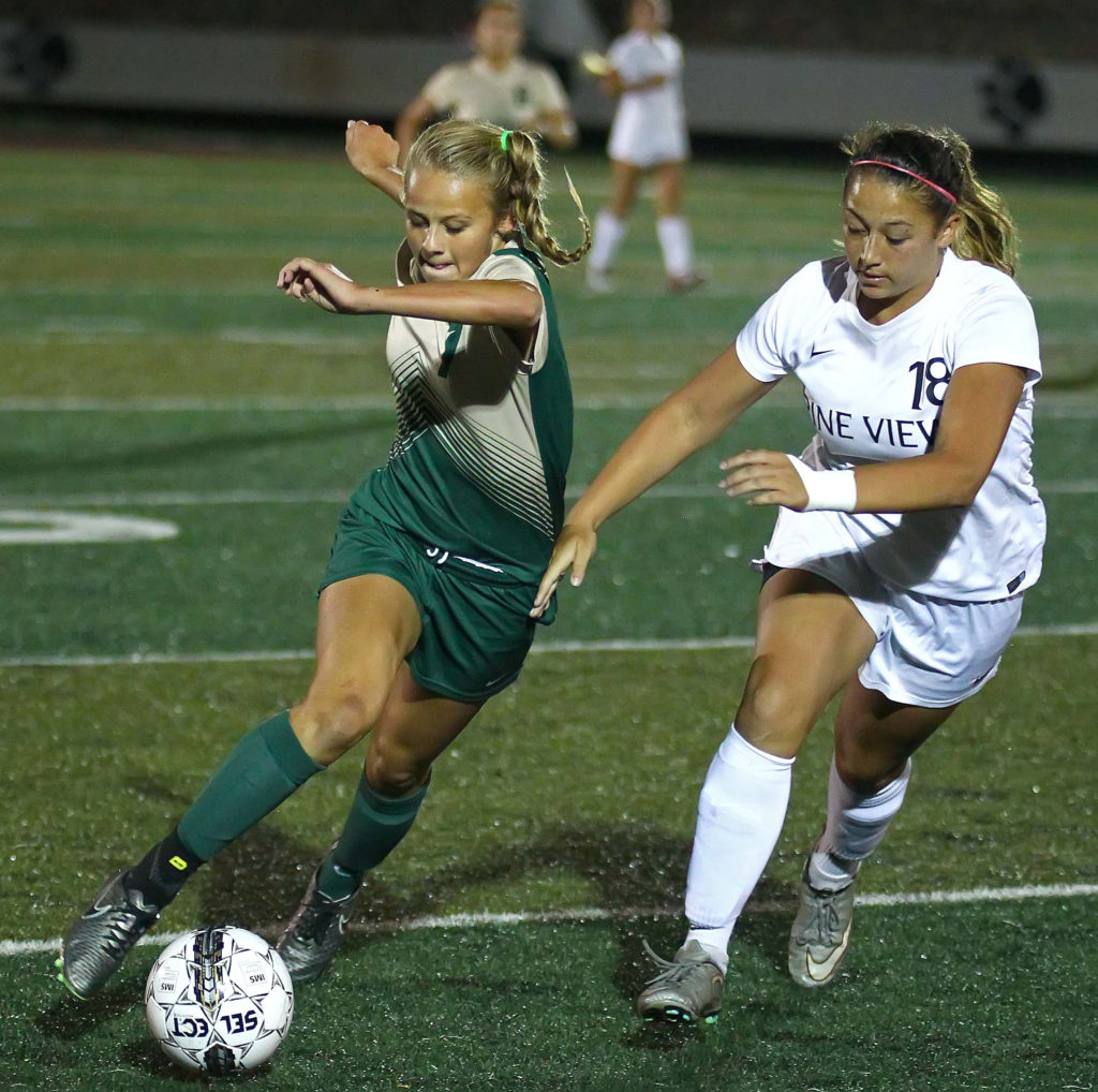 Snow Canyon's Heidi Smith (7) and Pine View's Ariana Salgado (18), Pine View vs. Snow Canyon, Soccer, St. George, Utah, Sept. 22, 2016, | Photo by Robert Hoppie, ASPpix.com, St. George News