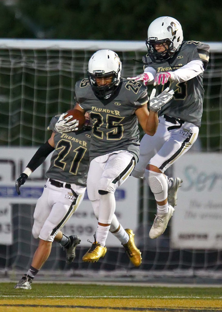 Desert Hills’ Marco Jordan (25) celebrates a touchdown, Desert Hills vs. Hurricane, Football, St. George, Utah, Sept. 23, 2016, | Photo by Robert Hoppie, ASPpix.com, St. George News