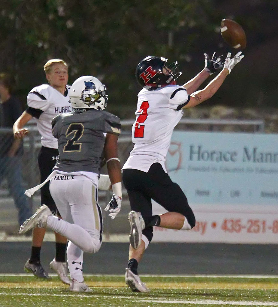 Hurricane's Riley Ballard (2) just misses a long pass, Desert Hills vs. Hurricane, Football, St. George, Utah, Sept. 23, 2016, | Photo by Robert Hoppie, ASPpix.com, St. George News