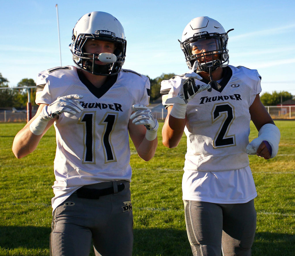 Desert Hills’ Ryan Hoppie (11) and Nephi Sewell (2) are back on the field after being sidelined with injuries, Grantsville vs. Desert Hills, Football, Grantsville, Utah, Sept. 9, 2016, | Photo by Robert Hoppie, ASPpix.com, St. George News